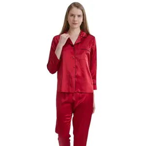 100% Silk Satin Long Sleeve Shirt & Pants Silk Pajamas for Women 19momme silk shirt sleepwear