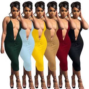 Wholesale Solid Color Customize LOGO Ribbed Deep V Sleeveless Backless slip Midi <strong>Dress</strong> Summer Trending Bodycon <strong>Dress</strong> - Product Image 3