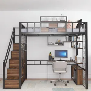 Edroom-litera de metal con cama individual o escritorio, muebles de matrimonio de tamaño completo con marco metálico
