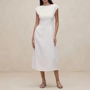 Vestido Midi de Lino 100% Personalizado para Mujer, Ecológico, Transpirable, Estilo Bohemio Informal con Parches, Color Sólido para Primavera - Product Image 1