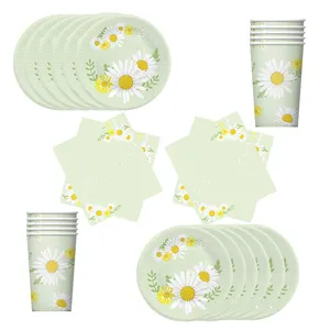 New Design Daisy Paper Disposable Tableware Daisy Birthday Banner Plate Cup Napkin for Birthday Wedding Party Decoration