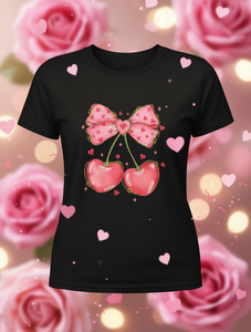 T-shirt da donna a maniche corte con stampa fiocco ciliegia per San Valentino, vestibilità regolare, girocollo, 100% cotone, stile carino primavera estate - Product Image 2