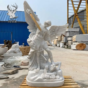 Sculptures d'église grandeur nature sculptées à la main à prix d'usine Statue de Saint-Michel l'Archange en marbre blanc à vendre - Product Image 4