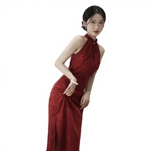 Elegant Red Silk Cheongsam <b>Dress</b> Women Sleeveless Maxi Length Traditional <b>Chinese</b> Party Wear Slim Fit Button Closure - Product Image 2
