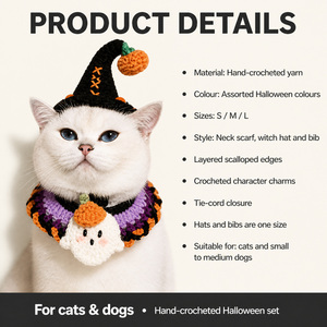 Collar de Halloween para mascotas, tejido a mano, con alas de murciélago, sombrero de bruja, calabaza de felpa, fantasma, babero divertido y calentador de cuello para gatos y perros - Product Image 6