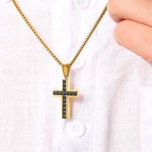 Mens <b>Cross</b> Pendant Necklace Stainless Steel 18K Gold Plated Black Christian Faith Rolo <b>Chain</b> Hip Hop Fashion Jewelry Non Tarnish - Product Image 4