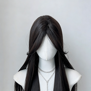 Perruque pour femmes à cheveux longs, avec <span class=keywords><strong>frange</strong></span> en forme de huit, noire, lisse, semi-nouée à la main, avec racine des cheveux naturelle, densité 150%, couvrante et naturelle - Product Image 2