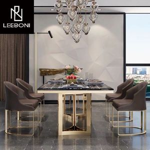 Phổ Biến Nhất Đồ Nội Thất Vàng Thép Không Gỉ Sang Trọng Hiện Đại 6 Chỗ Ngồi Hình Chữ Nhật Thiết Kế Bằng Đá Cẩm Thạch Bàn Ăn - Product Image 4