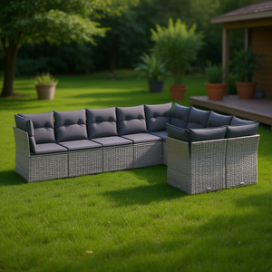 Conjunto de Sofás Modulares de Ratán Gris para Jardín, Muebles de Exterior de 6 Plazas, Diseño Premium - Product Image 2