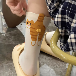 Chaussettes tendance personnalisées WZ-332, unisexes, motif chat de dessin animé, <span class=keywords><strong>clochette</strong></span>, gris œuf, mi-mollet - Product Image 4