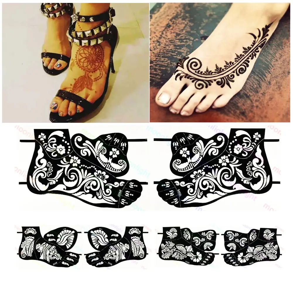 Plantillas de Henna de mano y pie Moonlight, pegatina para tatuaje temporal de Henna