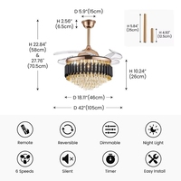 Lustre moderne de luxe en cristal avec ventilateur de plafond rétractable LED noir et télécommande, moteur AC pour villas