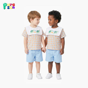 סט בגדי ילדים משובצים של Puresun Boutique עם צווארון סינר רקום, בגדי ילדים בהתאמה אישית, 100% כותנה, סטים של בגדים לבנים - Product Image 1