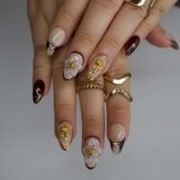Offre Spéciale – Ongles en Acrylique à Presser, Style Maillard, Motif Tortue 3D, Or Rose, Strass, Forme Amande – Vente en Gros, Personnalisables, Faits Main