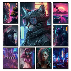 Cyberpunk Wall Art Anime Cat Animal Poster Canvas Print Abstract Neon Aesthetic Picture Painting for Modern Home Game Room Decor