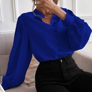 Chemisier élégant pour femme, couleur unie, col montant, manches longues, boutonnage simple, coupe ample, tendance - Product Image 6