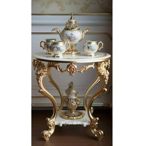 Tabouret rond en teck antique doré, artisanal, en bois massif, meuble décoratif pour salon - Product Image 3