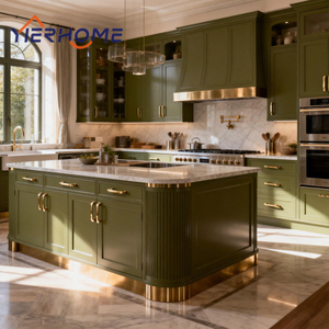 Ensemble de rénovation de cuisine modulaire standard avec îlot cuisine en bois massif peint en vert de style shaker appareils - Product Image 2