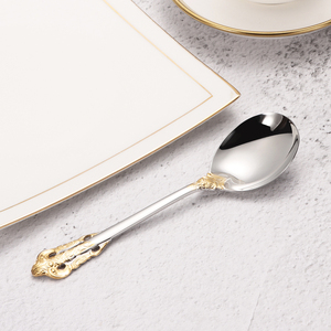 Ensemble de cuillères à bouillon de luxe en acier inoxydable 18/10 plaqué or de qualité supérieure 4 pièces 7 "magnifiques cuillères à soupe rondes - Product Image 3