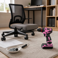 Kit d'outils de bricolage pour la maison rose avec perceuse sans fil, tournevis, pinces et marteau dans une mallette de transport