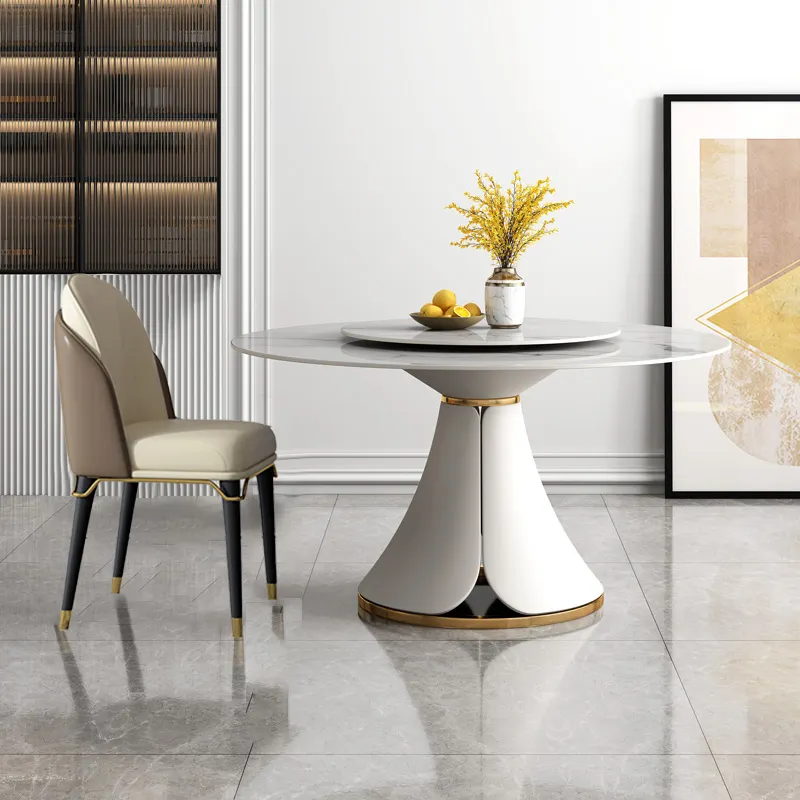 Lüks tasarım beyaz sinterlenmiş üst mermer pürüzsüz deri taban metal yemek masası ve 4 sandalye ve 12 sandalye seti
