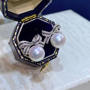 S925 Sterling <b>Silver</b> Bowknot Pearl Stud <b>Earrings</b>, 9-10mm Aurora Edison Pearls, Front Flawless, Minor Blemish - Product Image 3