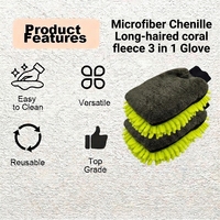 Gant de lavage de voiture en microfibre corail 3-en-1 super absorbant, en chenille, antidérapant, avec manchette élastique, sans peluches, haute performance, vente en gros