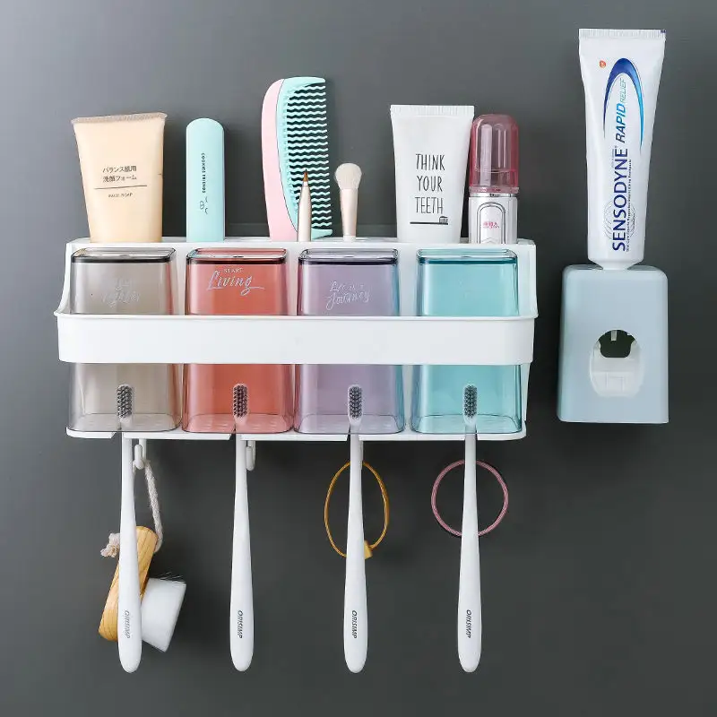 Porta escova de dentes multifuncional, suporte de parede com dispensador automático de pasta de dente para copos de banheiro