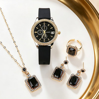 Set Perhiasan Wanita 4 in 1 Kalung Zirkon Kotak Cincin Anting Jam Tangan Quartz Kalender