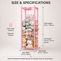 Tour de rangement pour animaux en peluche à trois niveaux en pin massif, 133 cm, avec cordon élastique, organiseur de jouets, capacité de plus de 50 peluches, plaque nominative personnalisée