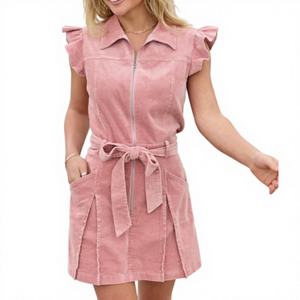 Nuevo Vestido Casual Ligero de Pana Personalizado, Mini Vestido sin Mangas con Cierre Frontal y Cinturón para Mujer - Product Image 1