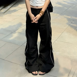 Pantalones Largos Casuales Negros de Cintura Baja Elástica y Pierna Ancha Estilo Europeo Americano para Mujer, Pantalones de Moda de Corte Holgado - Product Image 3