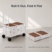Chariot utilitaire pliable portable pour le camping en plein air, les pique-niques, les courses, la maison, boîte de rangement pliable à roulettes avec dessus en bois