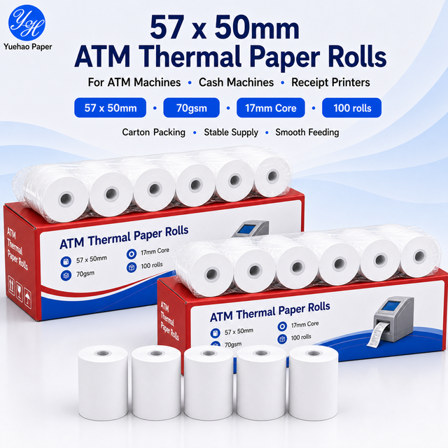 Yellow Thermal Paper Roll 70gsm 57x50mm Thermal Paper 57x50mm 70gsm 17mm Core Receipt Rolls for ATM Printers Factory