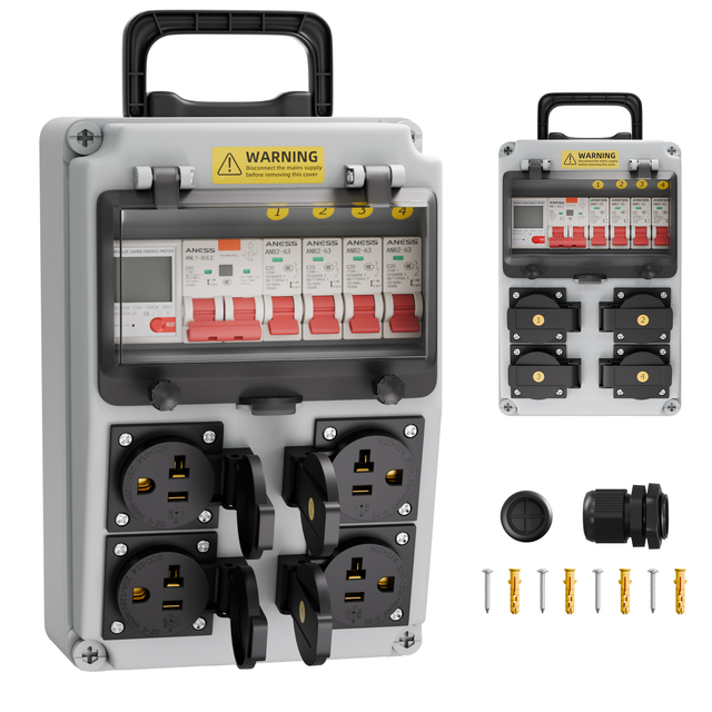 Portable 4 Outlet Power Distribution Box with Digital Energy Meter Certification Listed Circuit Breaker 5-20R Outlets for Workshop