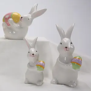 Easter Spring Ceramic Ornaments Bunny Rabbit Holding Eggs Easter Ceramic Bunny Figurine
