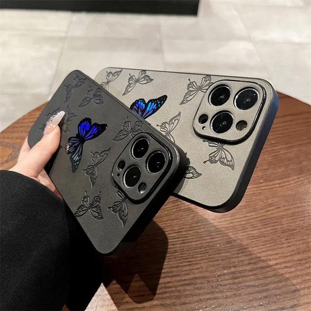 Luxury Design Chrome Color Phone Case for iPhone 16 15 Plus 13 12 14 15 Pro Max Fashion Butterfly Pattern Phone Cover