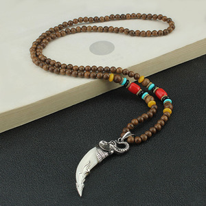 Collar Tibetano Vintage de Plata de Nepal, Cadena de Aleación, Colgante de Diente de Lobo, Cuentas de Madera, Regalo de la Suerte, Accesorios de Oración, Unisex - Product Image 4