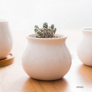 Mini pot <span class=keywords><strong>de</strong></span> plantes blanc personnalisé, plateau en bambou, petit pot <span class=keywords><strong>de</strong></span> fleurs, jardinière succulente en céramique avec soucoupe - Product Image 4