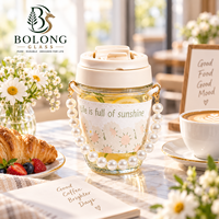 Gobelet en verre personnalisé avec logo, poignée en perles, couvercle à rabat imprimé marguerite, 350 ml, détachable, mignon, cadeau, thé, café, Bolong