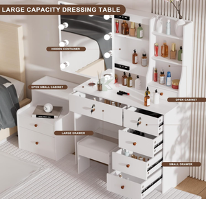 Juego de tocador blanco <span class=keywords><strong>con</strong></span> <span class=keywords><strong>espejo</strong></span> LED, escritorio, silla, 5 cajones y gabinete, 3 modos de iluminación - Product Image 5