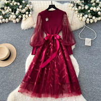 Robe longue élégante pour femme WIWT, coupe trapèze, décontractée, avec manches bouffantes en maille, ceinture à la taille, broderie de feuilles en tulle, idéale pour le quotidien et les soirées.