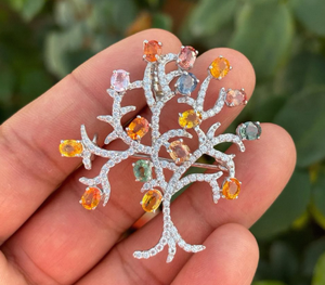 Multicolor Gemstone <b>Tree</b> Brooch Sterling Silver Crystal Branch Pin Handmade Jewelry Statement Designer Accessory - Product Image 2