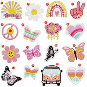 Iron on Embroidered Pink Style Sun Flower Cloud Rainbow butterfly Patches for Clothes Bag Decoration - Product Image 2