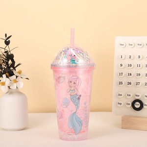 450ml Ocean Style Mermaid Pattern <b>Plastic</b> Tumbler Double Wall Design with <b>Straw</b> Iridescent Tinsel Dome Lid Cute Cartoon Mermaid - Product Image 2