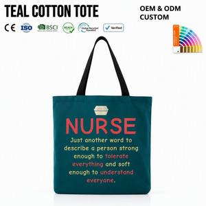 Teal Cotton <b>Tote</b> <b>Bag</b> <b>Nurse</b> Letter Print Long Handle Reusable Shopping Grocery <b>Bag</b> - Product Image 1
