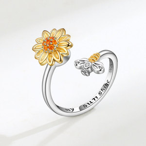 Trendy Claw Insert Orange Zircon Rotating Sunflower Ring Copper Gold Plated <b>Bee</b> Flower Open Rings Anti Anxiety Jewelry For Women - Product Image 6