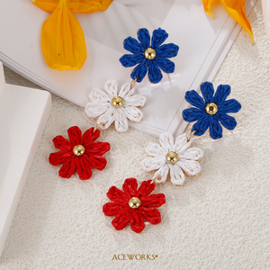 Raffia Daisy Drop Earrings | Stainless Steel 18K PVD Gold Plated Boho <b>Braided</b> Tiered Flower Design Zircon | Waterproof Tarnish - Product Image 4