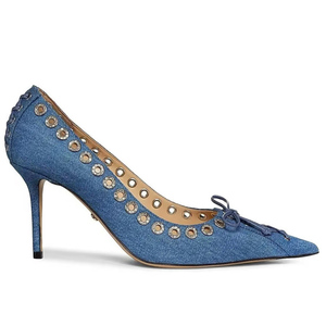 Chaussures à talons hauts pour femme, grande taille 45, en jean chic, style stiletto, à lacets sur le devant, avec nœud, bout pointu, décorées de trous métalliques - Product Image 6