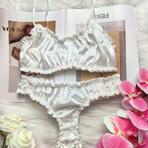 Conjunto de Lencería de Dos Piezas de Látex Elástico Satinado al por Mayor, Conjunto de Sujetador y Braguita de Color Sólido, Sexy y Erótico - Product Image 4